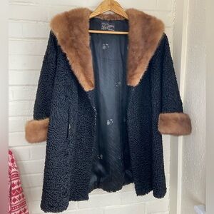 Vintage Women's Fur Swing Coat Persian Lambswool with Genuine Mink Fur Collar